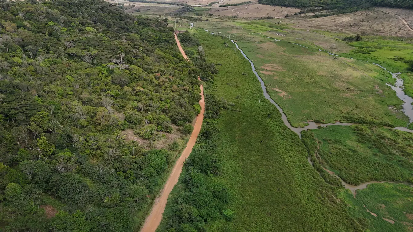 Estrada de terra do Acesso Jequiá entre a mata e a várzea, vista do alto