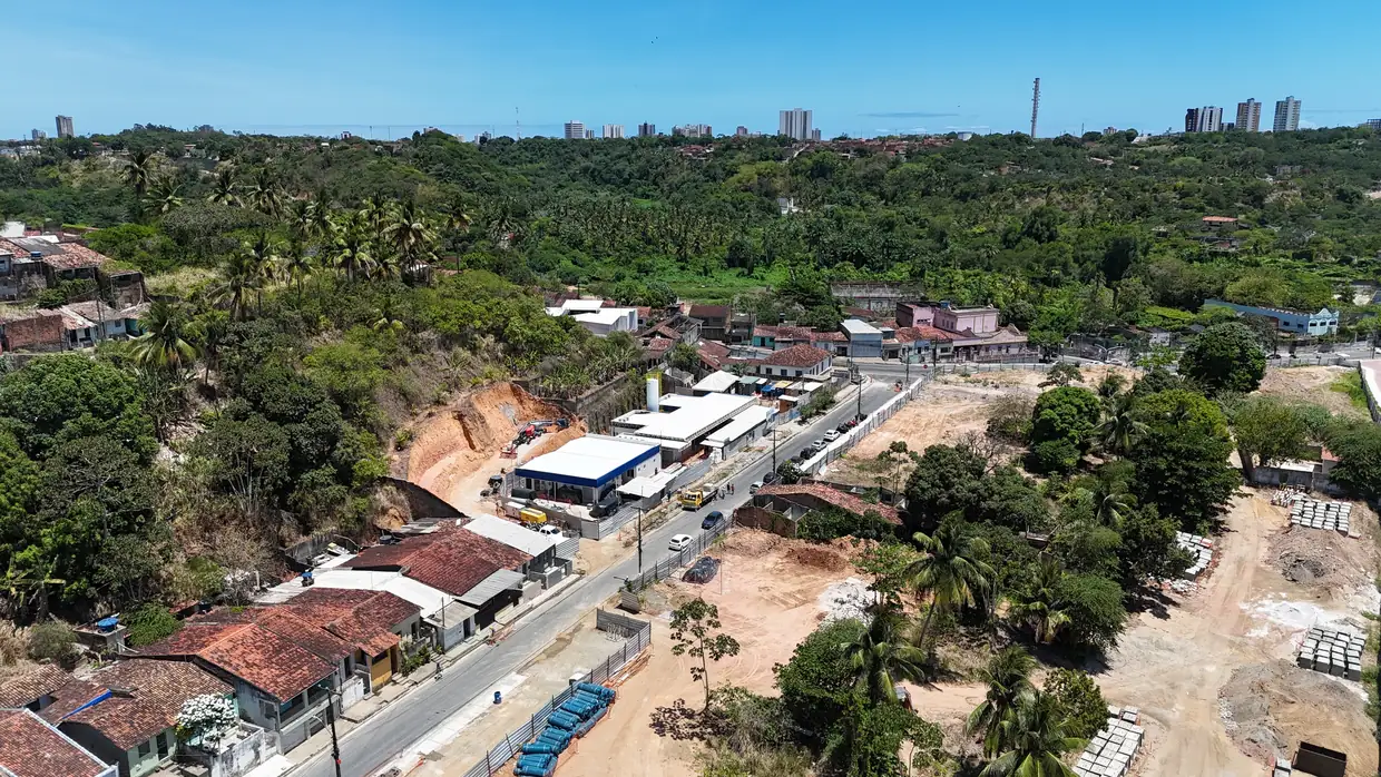 Vista aérea da área das Obras Braskem, com mata e prédios ao fundo